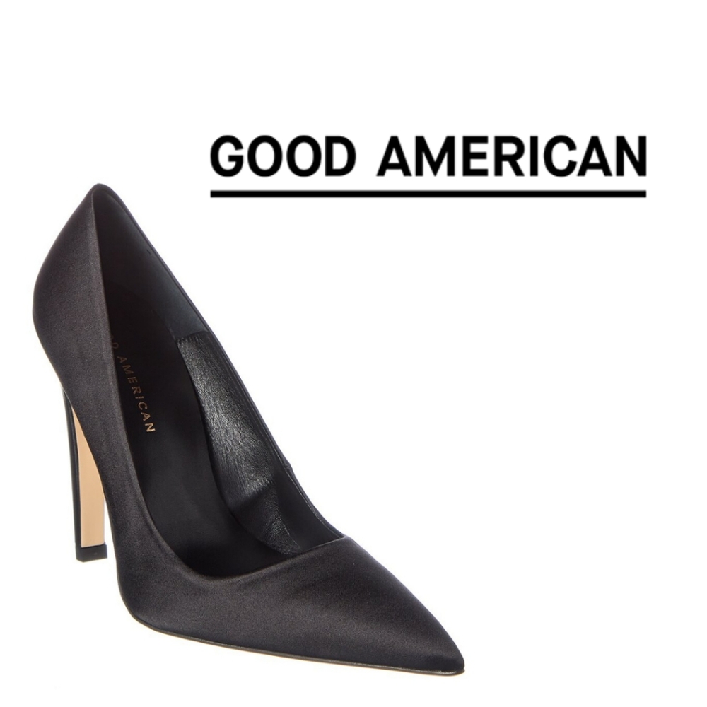 GOOD AMERICAN 🖤 The Icon Pointed Toe Pump - Black Satin - Size 9 - Picture 6 of 7